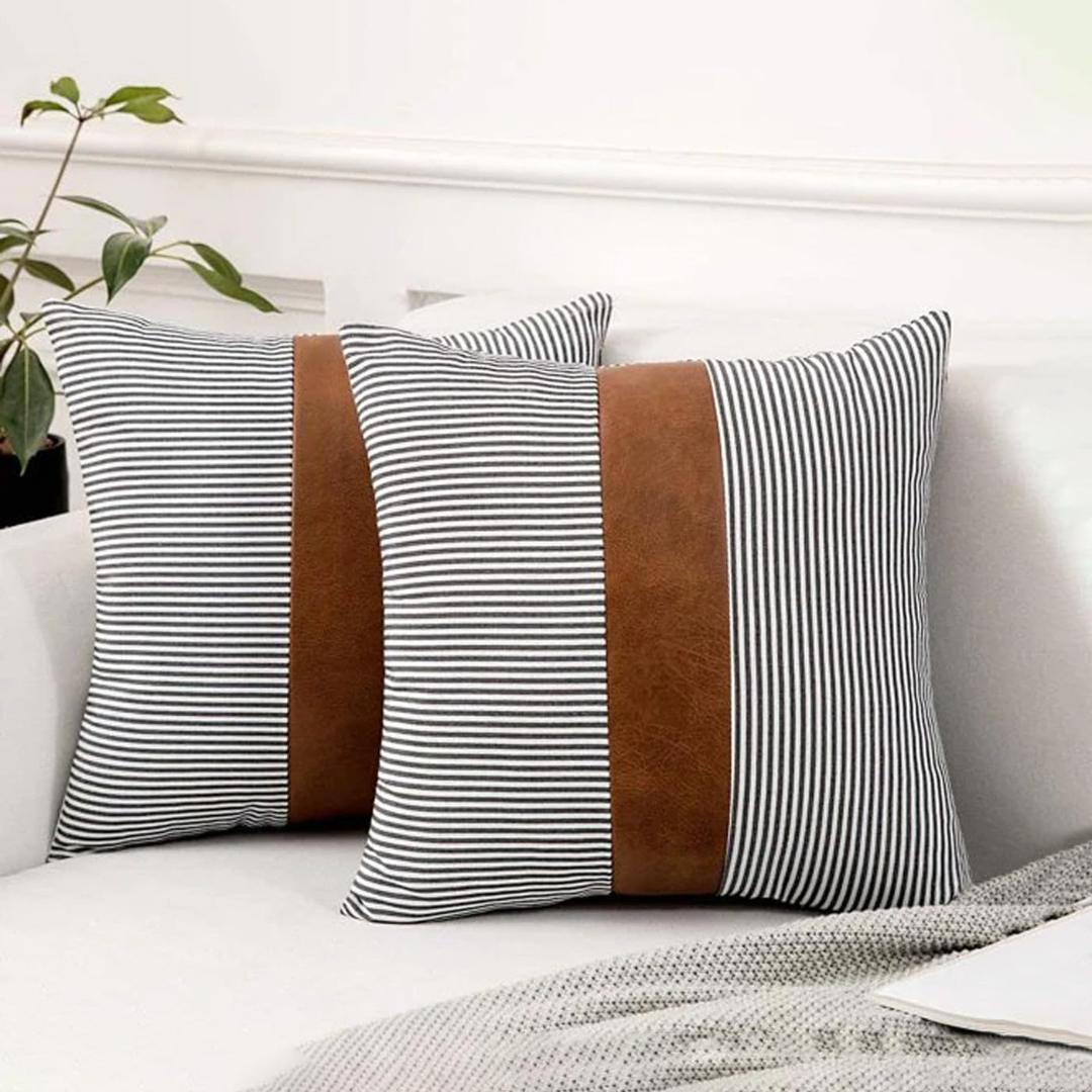 Leather & Cotton Pillow Covers - 20x20 Inch, 2 Pieces