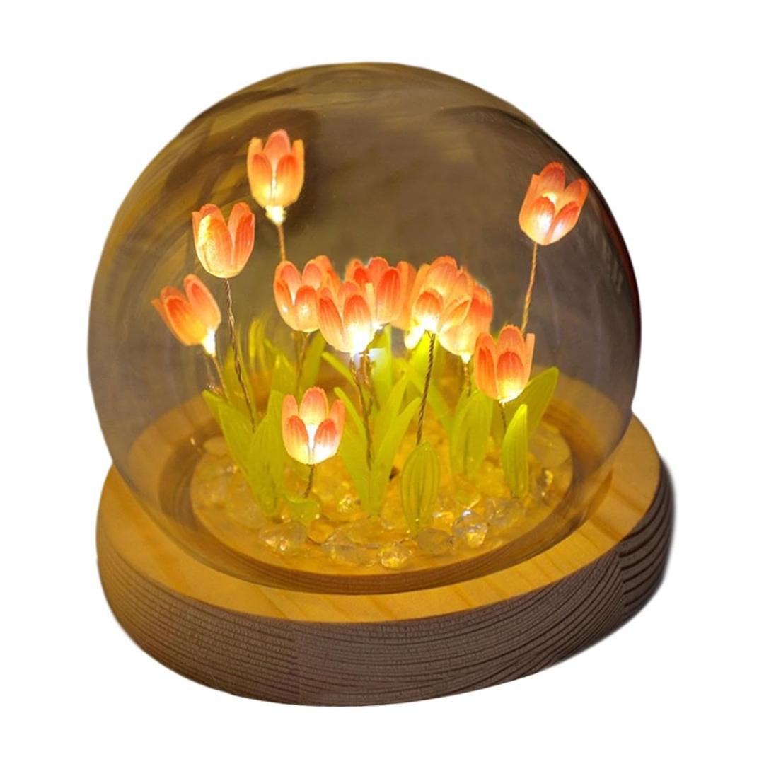 LED Multicolor Tulip Flower Dome Light with Glass Cover & Wood Base