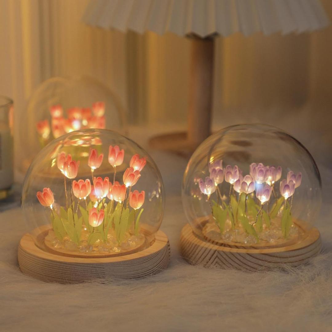 LED Multicolor Tulip Flower Dome Light with Glass Cover & Wood Base