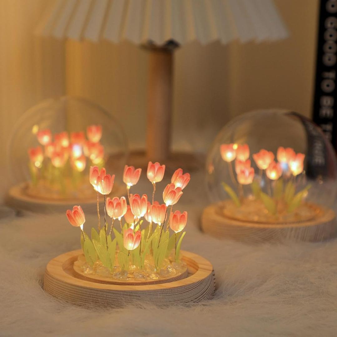 LED Multicolor Tulip Flower Dome Light with Glass Cover & Wood Base