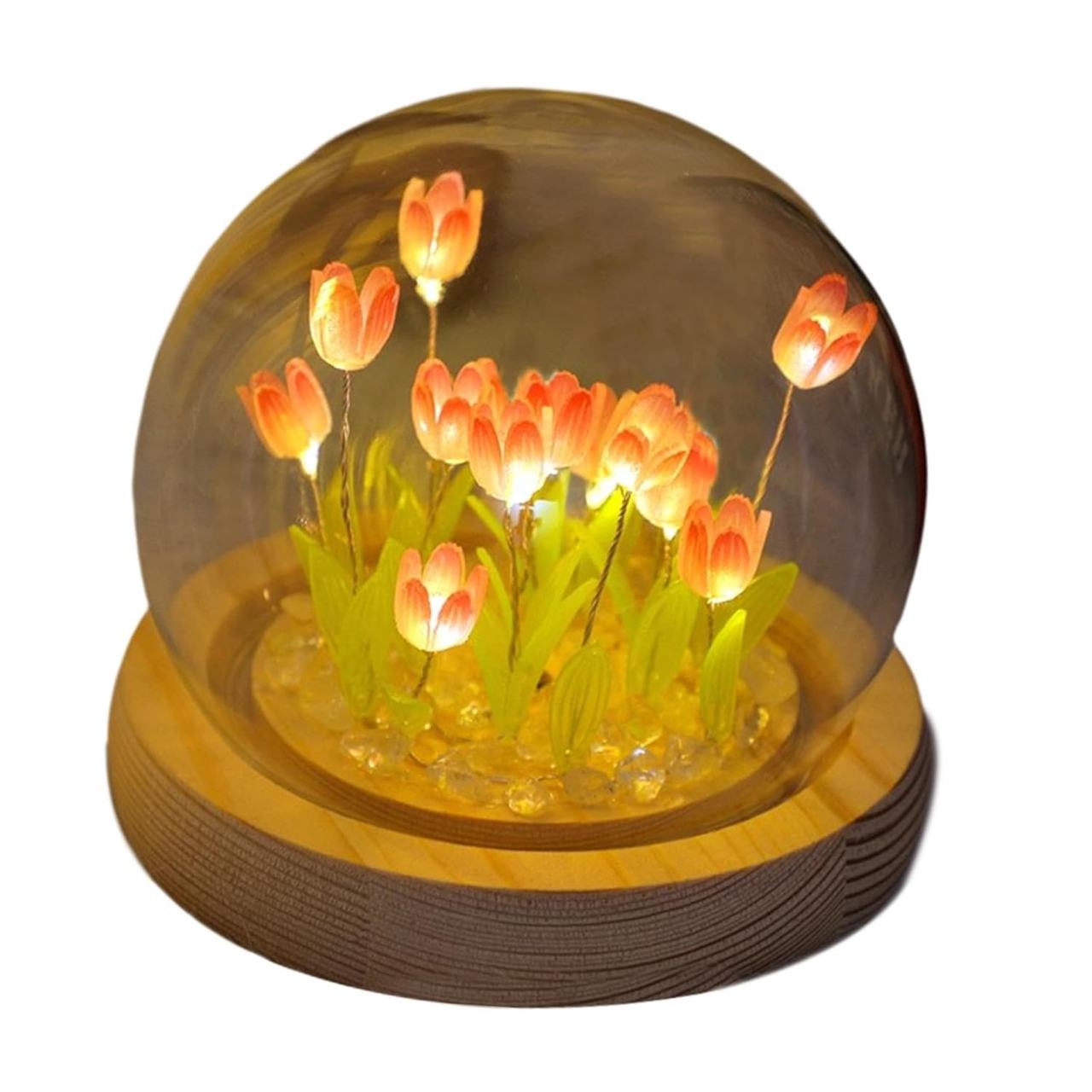 LED Multicolor Tulip Flower Dome Light with Glass Cover & Wood Base