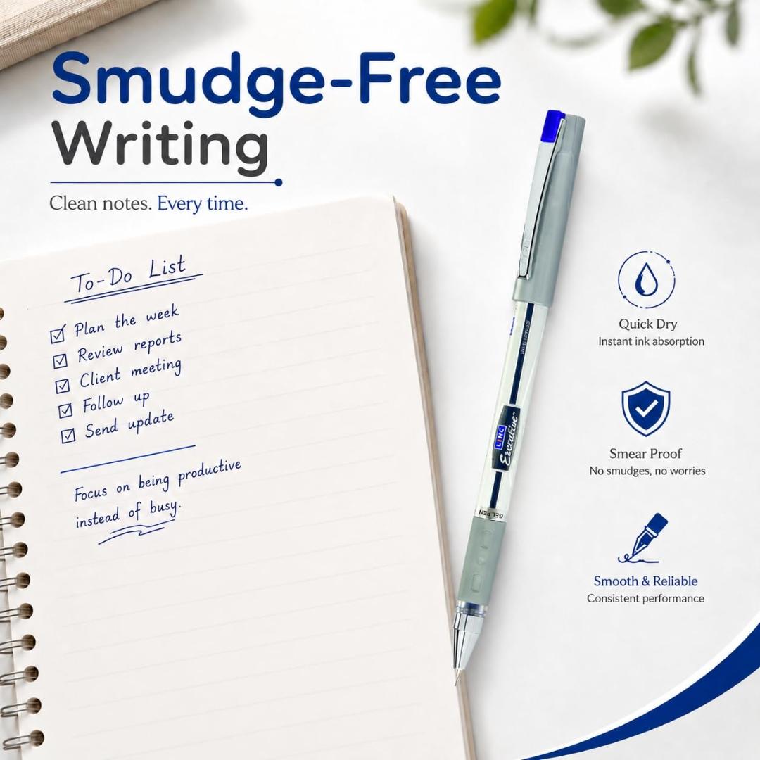 LINC 0.55mm Executive SL-500 Gel Pen | Water-Proof Ink & Textured Grip (Blue Ink, Pack of 10)