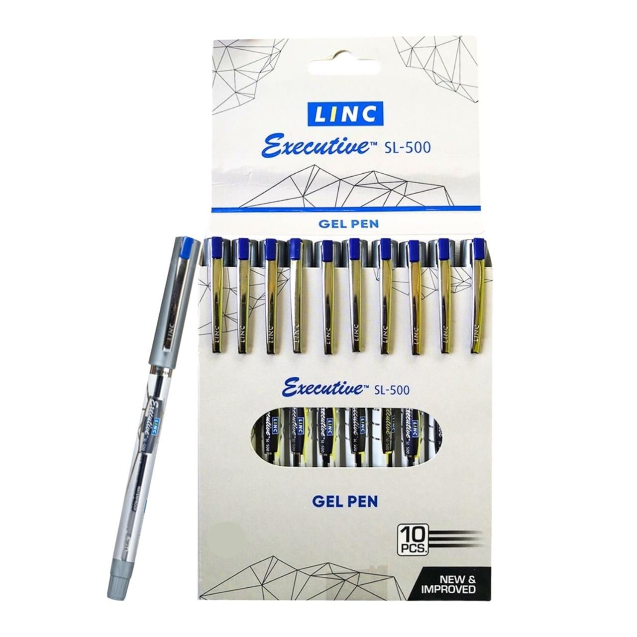 LINC 0.55mm Executive SL-500 Gel Pen | Water-Proof Ink & Textured Grip (Blue Ink, Pack of 10)
