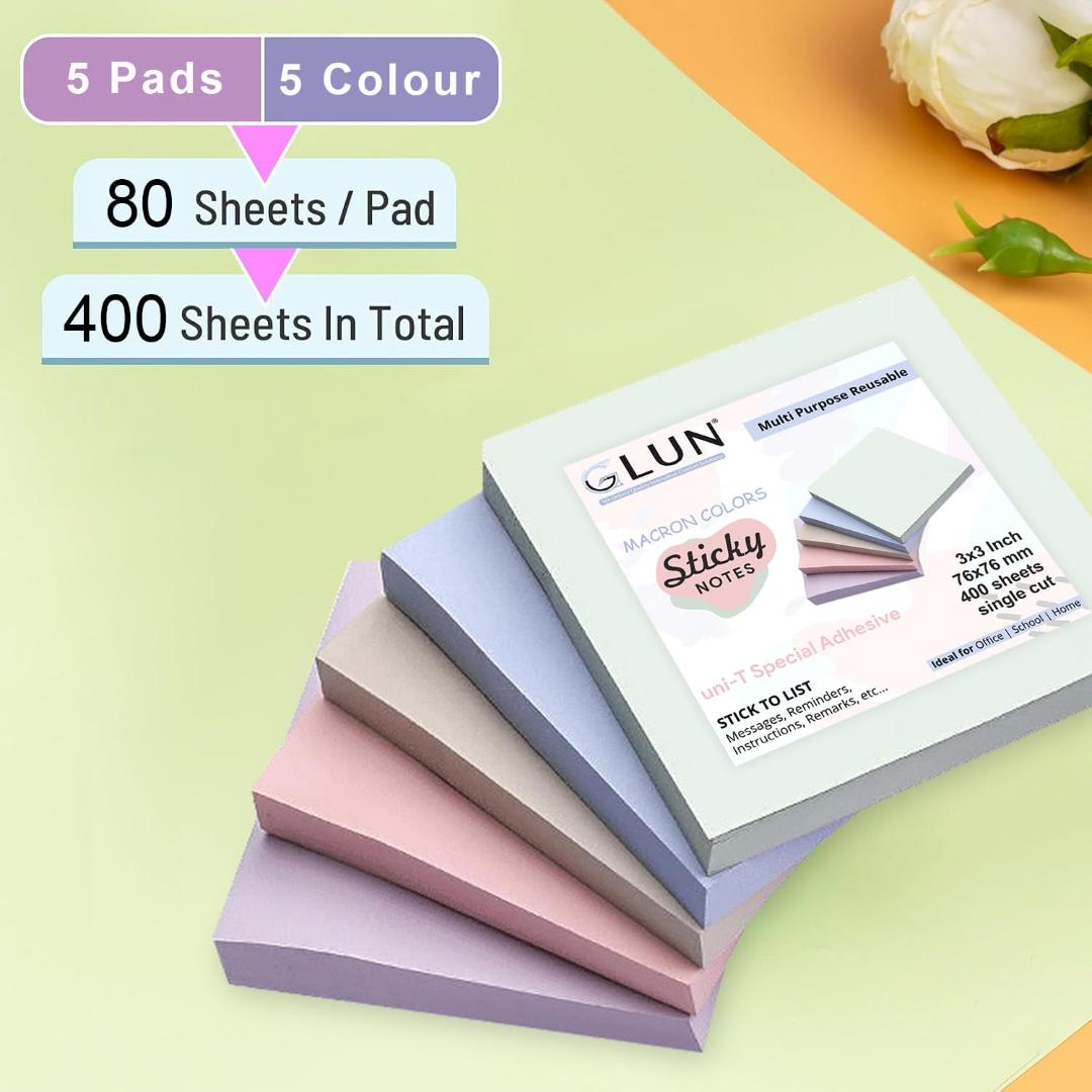Macaron Sticky Notes 400 Sheets Cube (4 Colors x 100 Sheets Each) – Self Adhesive, Strong Stick, Vibrant Pastel Colors, Ideal for School, Office & Home (7.6 x 7.6 cm)