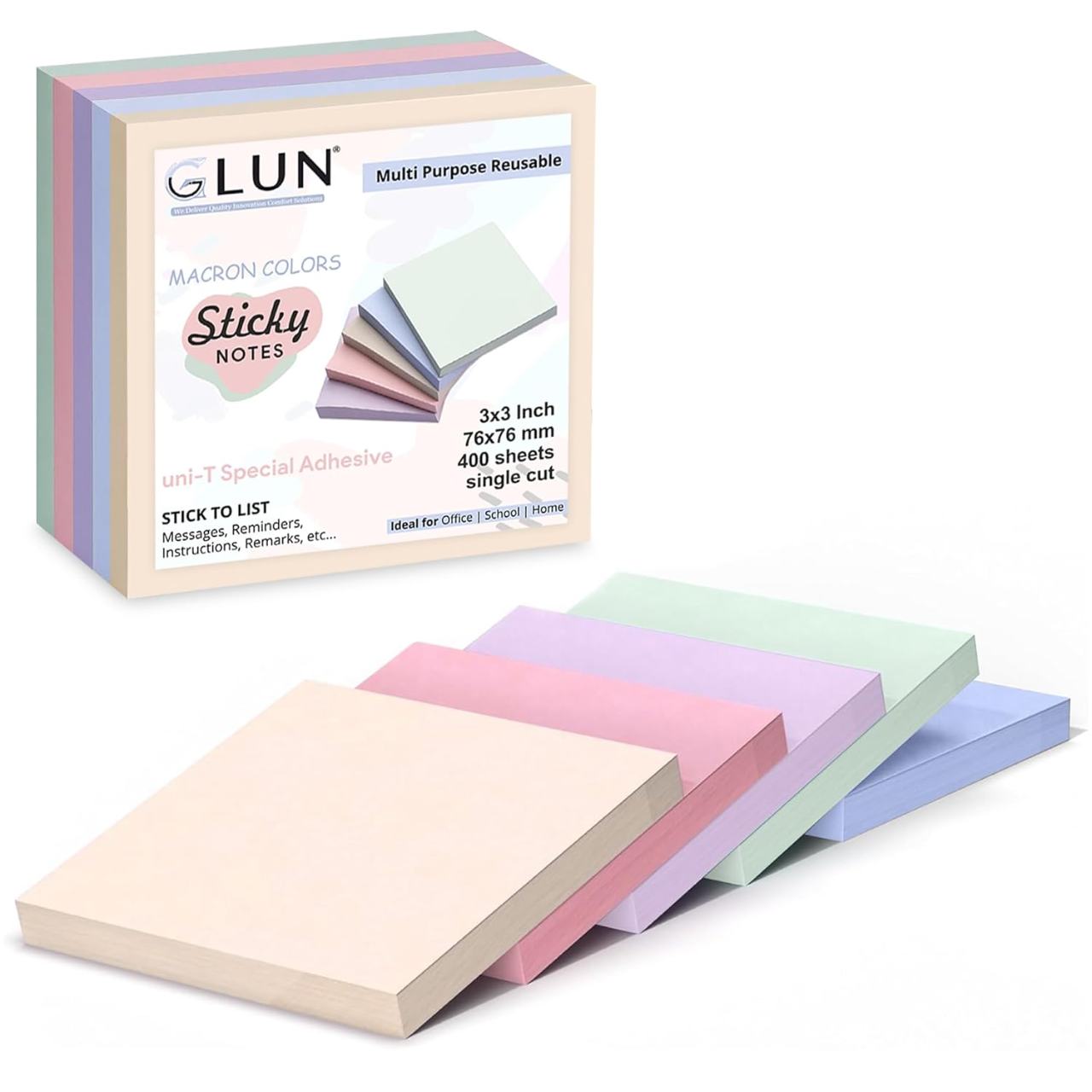 Macaron Sticky Notes 400 Sheets Cube (4 Colors x 100 Sheets Each) – Self Adhesive, Strong Stick, Vibrant Pastel Colors, Ideal for School, Office & Home (7.6 x 7.6 cm)
