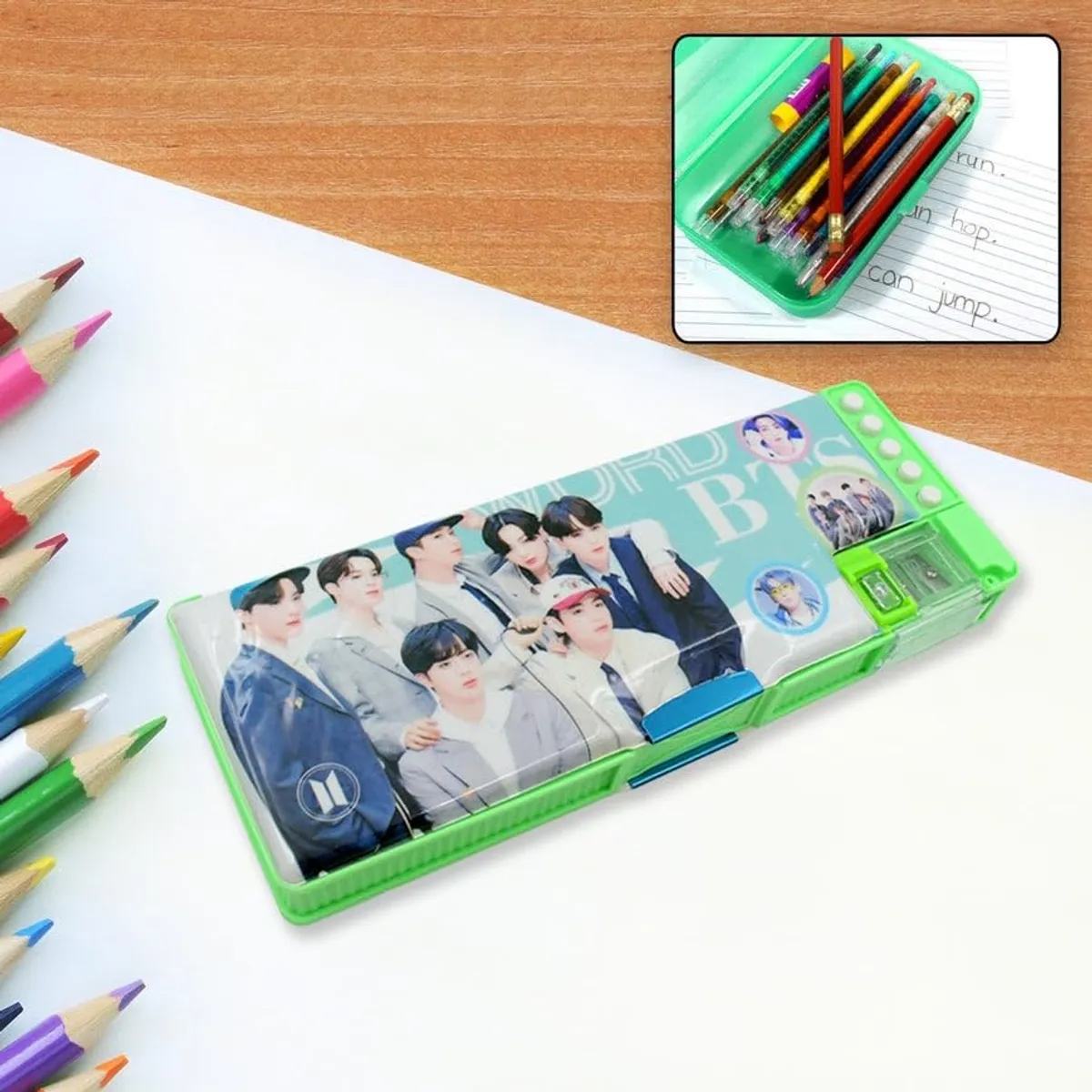 Multifunctional Pencil Case with Calculator and Photo Insert - Green