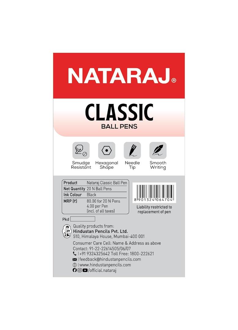 NATARAJ Classic Ball Pen | Comfortable Grip | Non-fading ink | Smooth Writing | Smudge Resistant | Fun Writing | Pens use for School & College Students and Professionals | Black Pen - 20 Pcs Pack