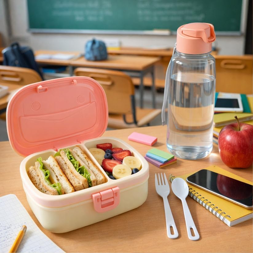 Plastic Lunch Box & Water Bottle Set with Secure Lock Lid