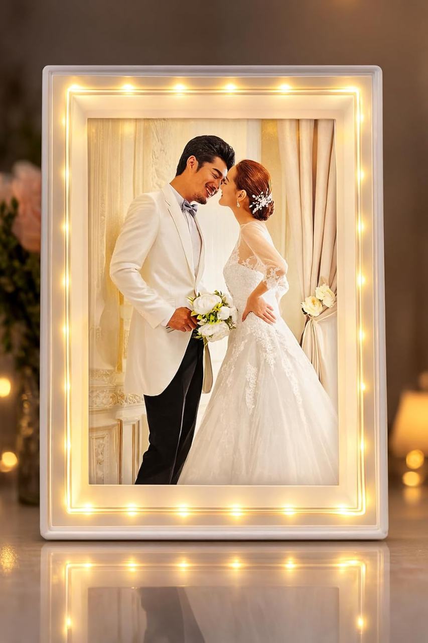 Premium LED Crystal Wedding Photo Frame with 3D Ring Decor
