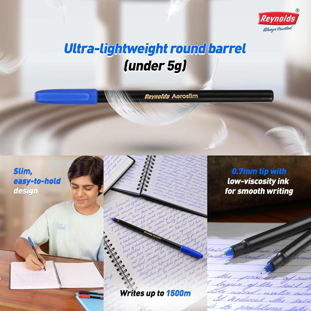 Reynolds AEROSLIM Ball Pen SET - 25 BLUE PENS WITH COMFORTABLE GRIP |BLUE BALL PENS FOR WRITING | PEN FOR STUDENTS & OFFICE STATIONERY | 0.7 mm TIP SIZE