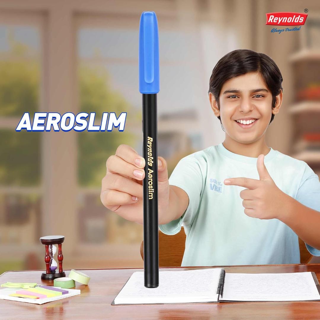 Reynolds AEROSLIM Ball Pen SET - 25 BLUE PENS WITH COMFORTABLE GRIP |BLUE BALL PENS FOR WRITING | PEN FOR STUDENTS & OFFICE STATIONERY | 0.7 mm TIP SIZE