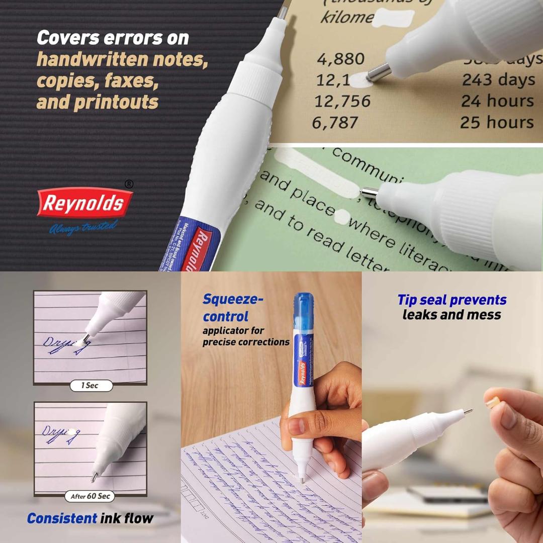 Reynolds Correction Pen Whitener I Smudge Free Operation with Unique Squeeze Control Applicator I Precise Whitener Pen for Correction For Students and Professionals - Pack of 10