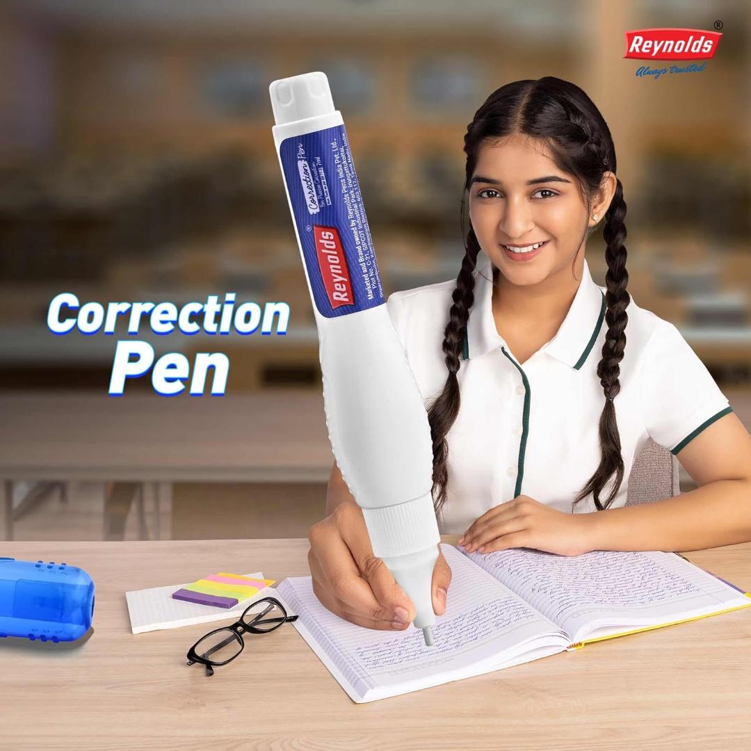 Reynolds Correction Pen Whitener I Smudge Free Operation with Unique Squeeze Control Applicator I Precise Whitener Pen for Correction For Students and Professionals - Pack of 10
