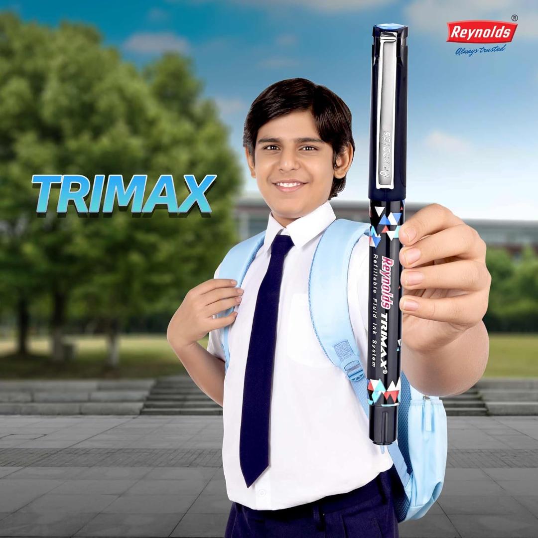 Reynolds TRIMAX RollerBall Pen SET - 5 PENS BLUE | ROLLER BALL PEN FOR WRITING | PEN FOR STUDENTS & OFFICE STATIONERY | 0.5 mm TIP SIZE