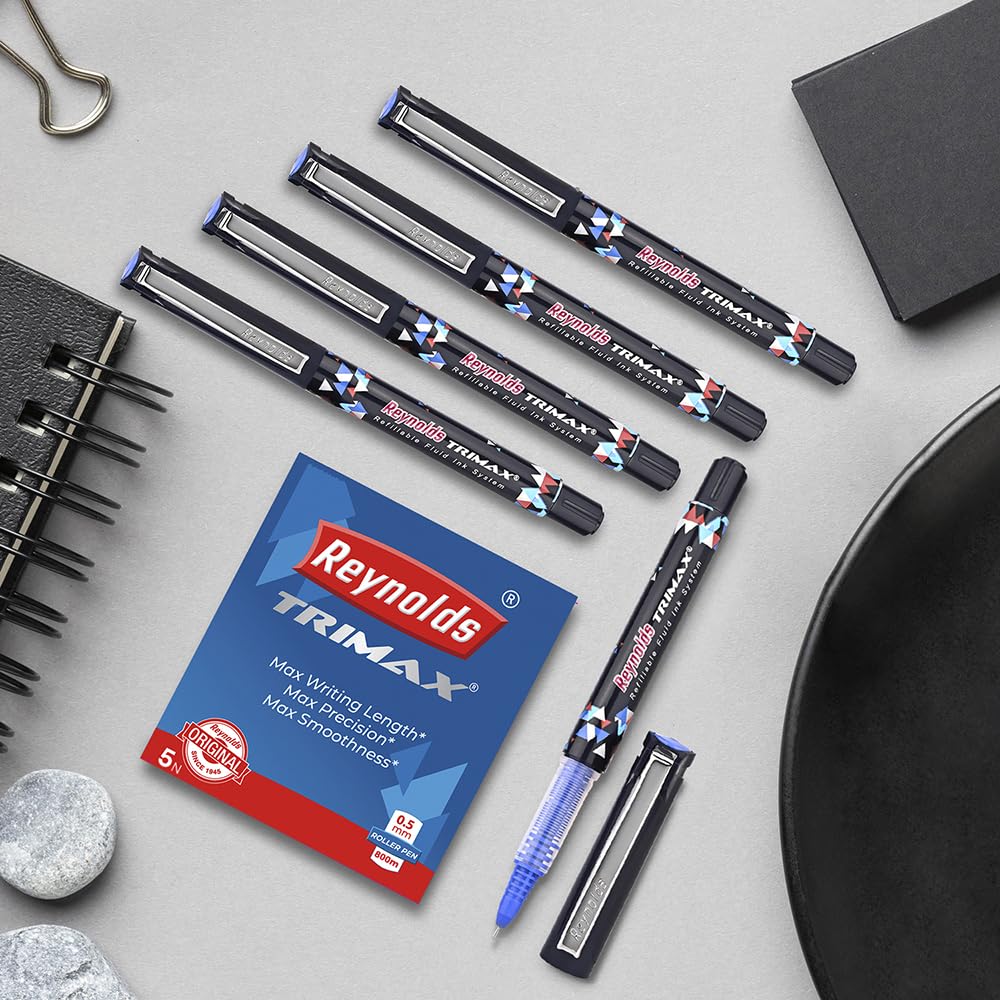 Reynolds TRIMAX RollerBall Pen SET - 5 PENS BLUE | ROLLER BALL PEN FOR WRITING | PEN FOR STUDENTS & OFFICE STATIONERY | 0.5 mm TIP SIZE