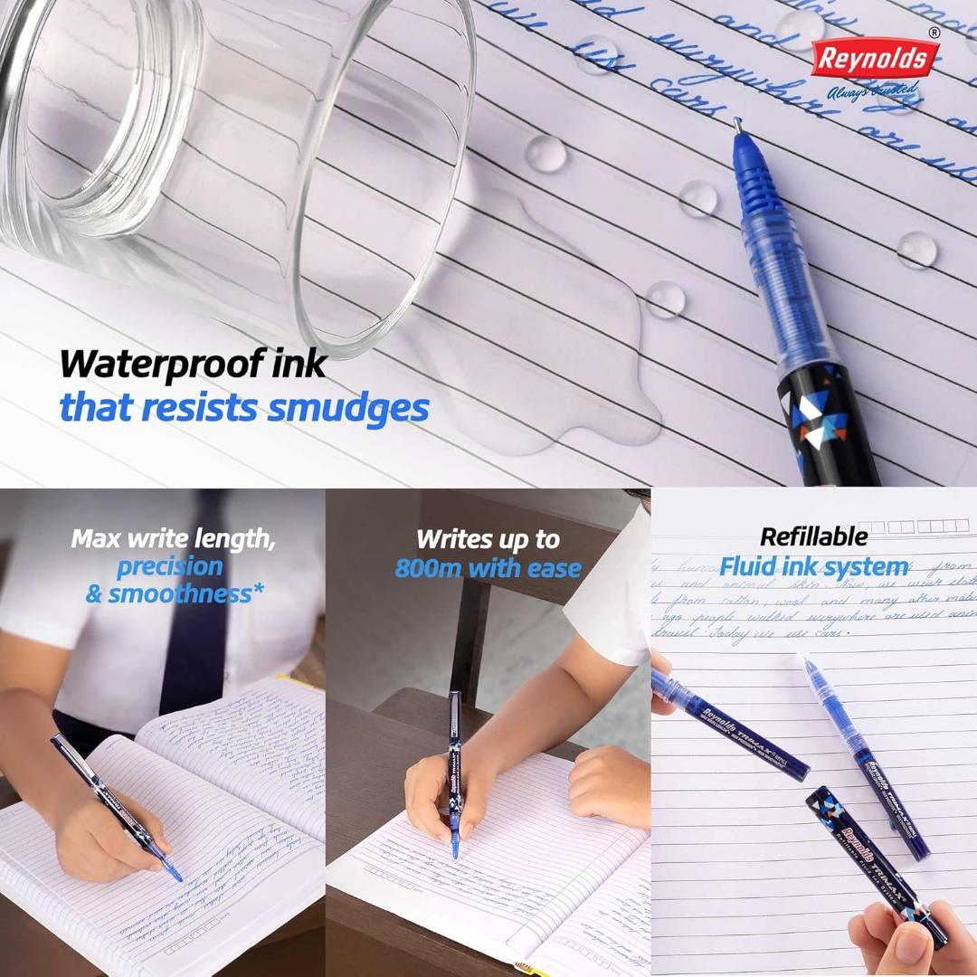 Reynolds TRIMAX RollerBall Pen SET - 5 PENS BLUE | ROLLER BALL PEN FOR WRITING | PEN FOR STUDENTS & OFFICE STATIONERY | 0.5 mm TIP SIZE