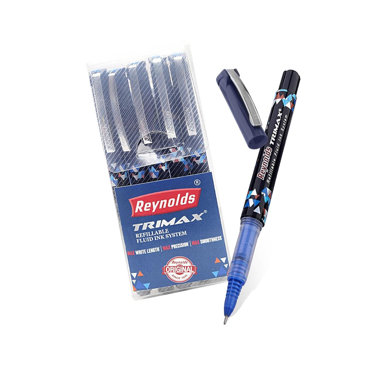 Reynolds TRIMAX RollerBall Pen SET - 5 PENS BLUE | ROLLER BALL PEN FOR WRITING | PEN FOR STUDENTS & OFFICE STATIONERY | 0.5 mm TIP SIZE