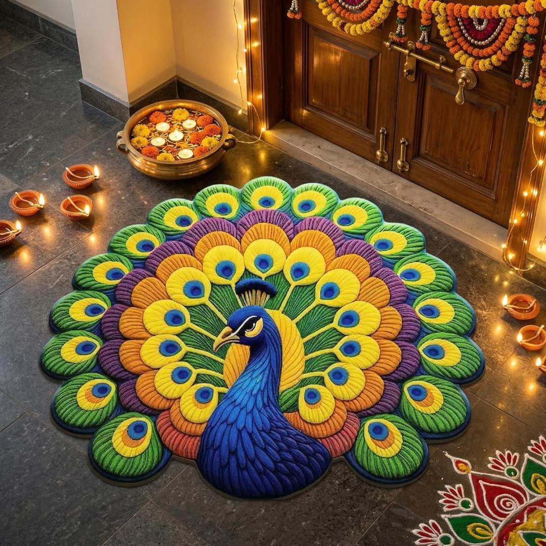 Round Peacock Design Anti-Slip Floor Mat - Velvet Touch