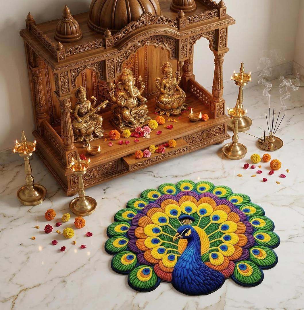 Round Peacock Design Anti-Slip Floor Mat - Velvet Touch