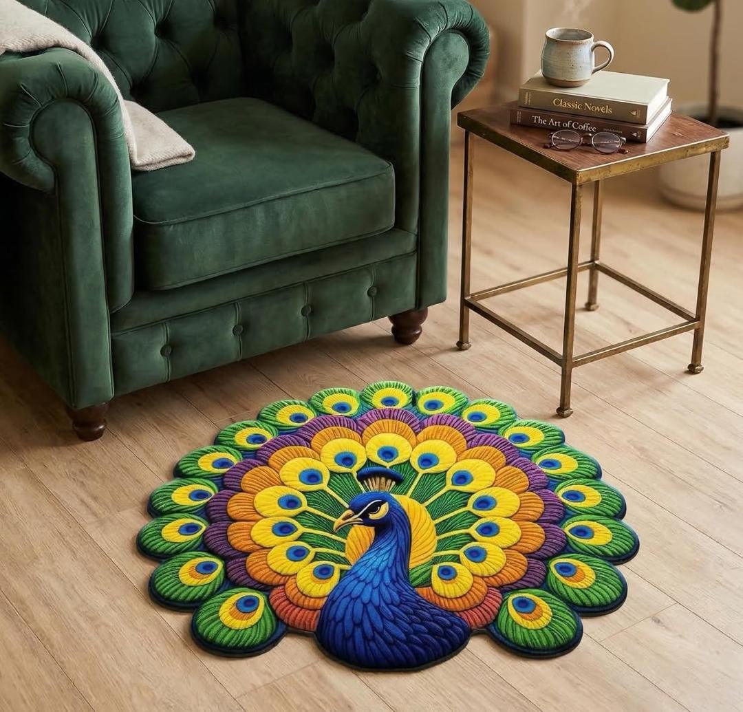 Round Peacock Design Anti-Slip Floor Mat - Velvet Touch