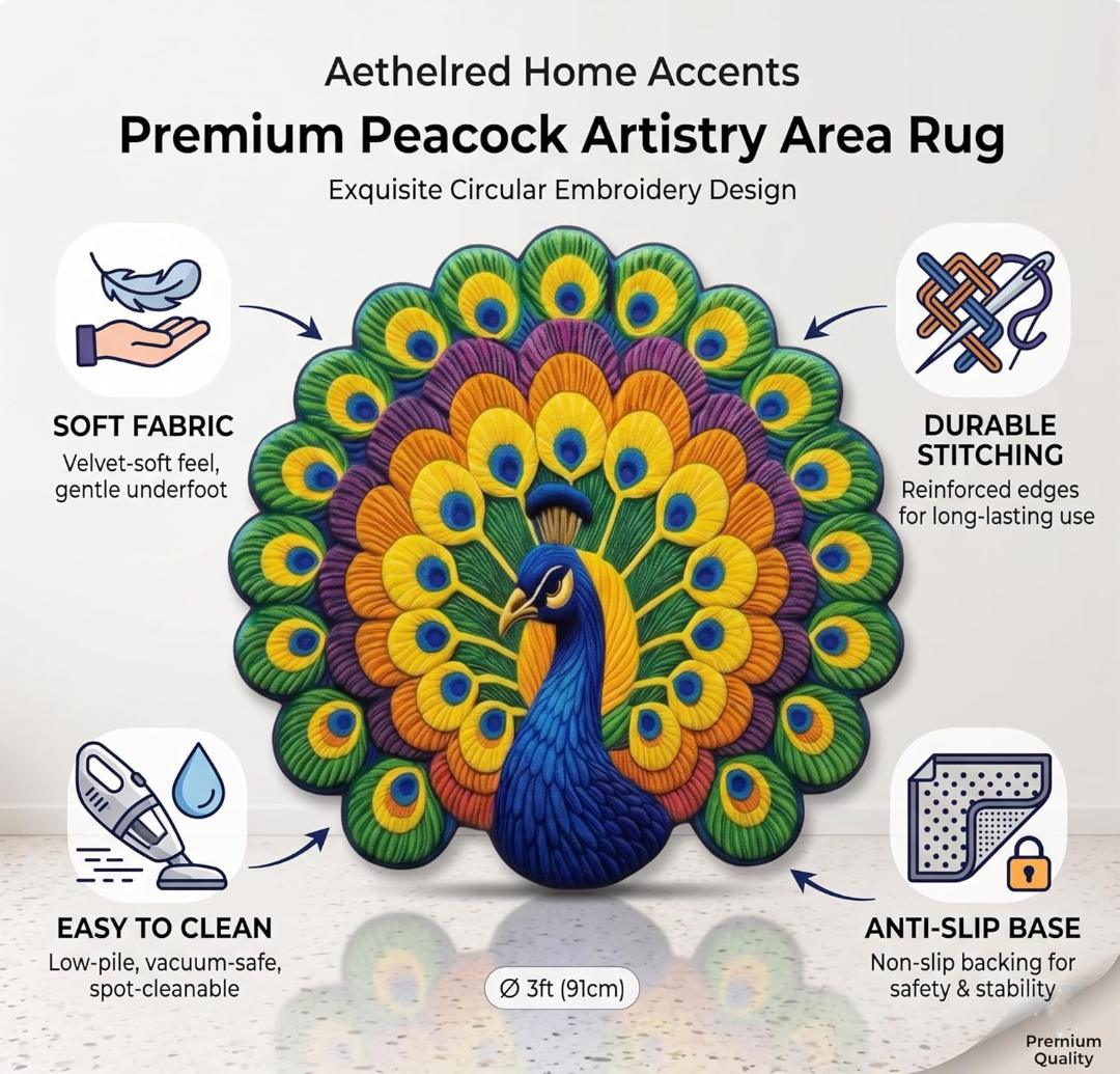 Round Peacock Design Anti-Slip Floor Mat - Velvet Touch