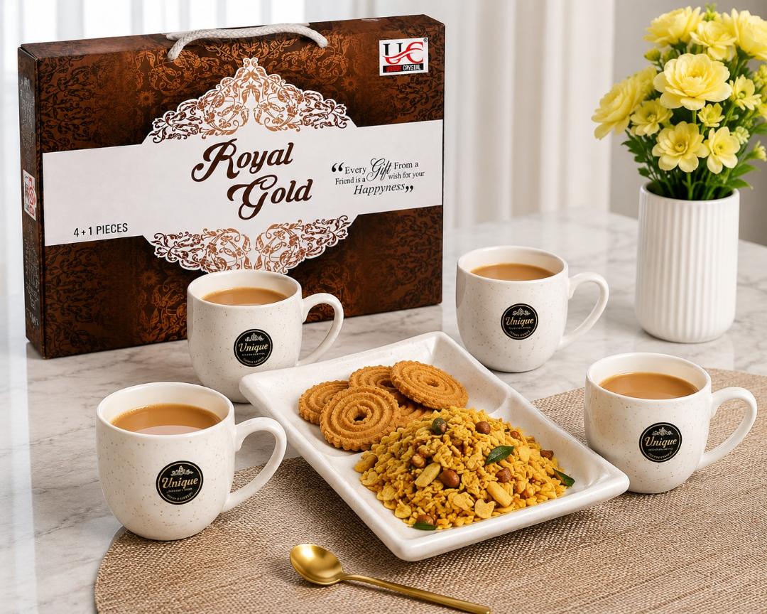 Royal Gold Premium Tea & Coffee Serving Set (4 Cups + 1 Snack Tray)