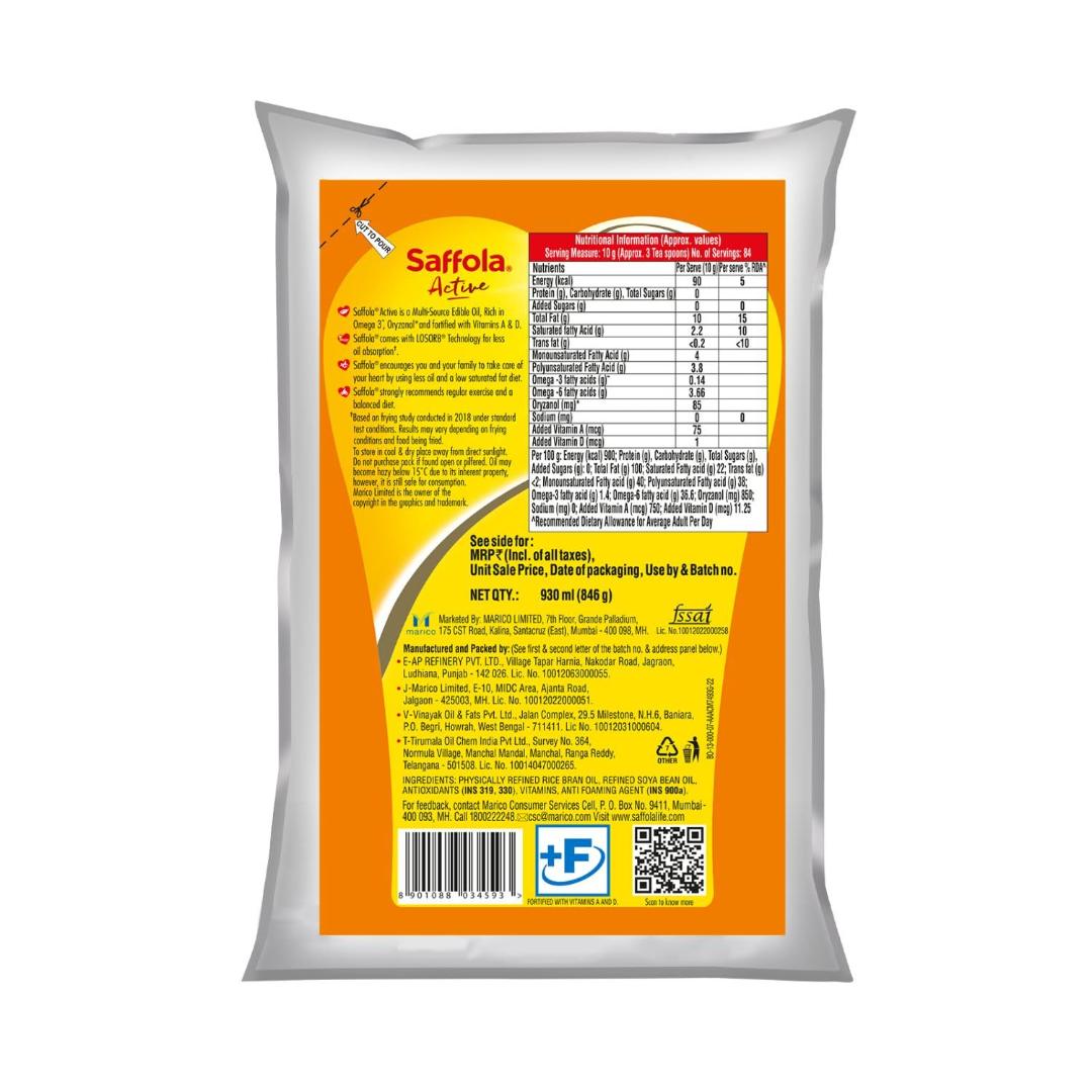 Saffola Active Rice Bran & Soyabean Blended Cooking Oil 930ml