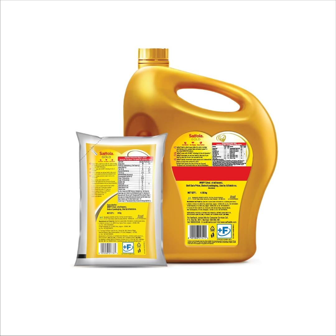 Saffola Sunflower and Rice Bran Blended Cooking Oil 5ltr- Free 1 l Pouch