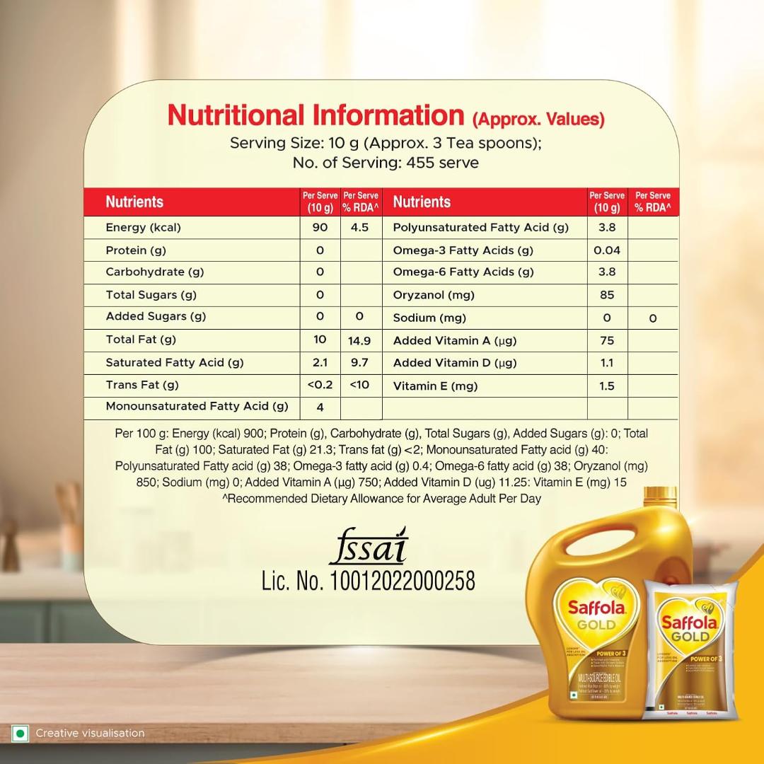 Saffola Sunflower and Rice Bran Blended Cooking Oil 5ltr- Free 1 l Pouch