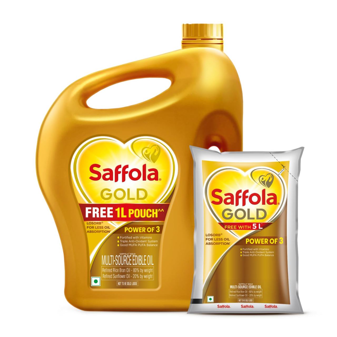 Saffola Sunflower and Rice Bran Blended Cooking Oil 5ltr- Free 1 l Pouch