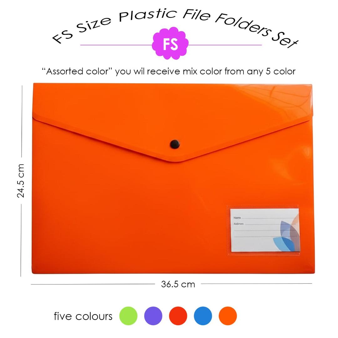 Shuban 10 Pcs Plastic File Folders Set - Fs Letter Size, Snap Closure, Waterproof and Organizer Bags for School, College, Hospital, and Office Use(Mix Color), Clear