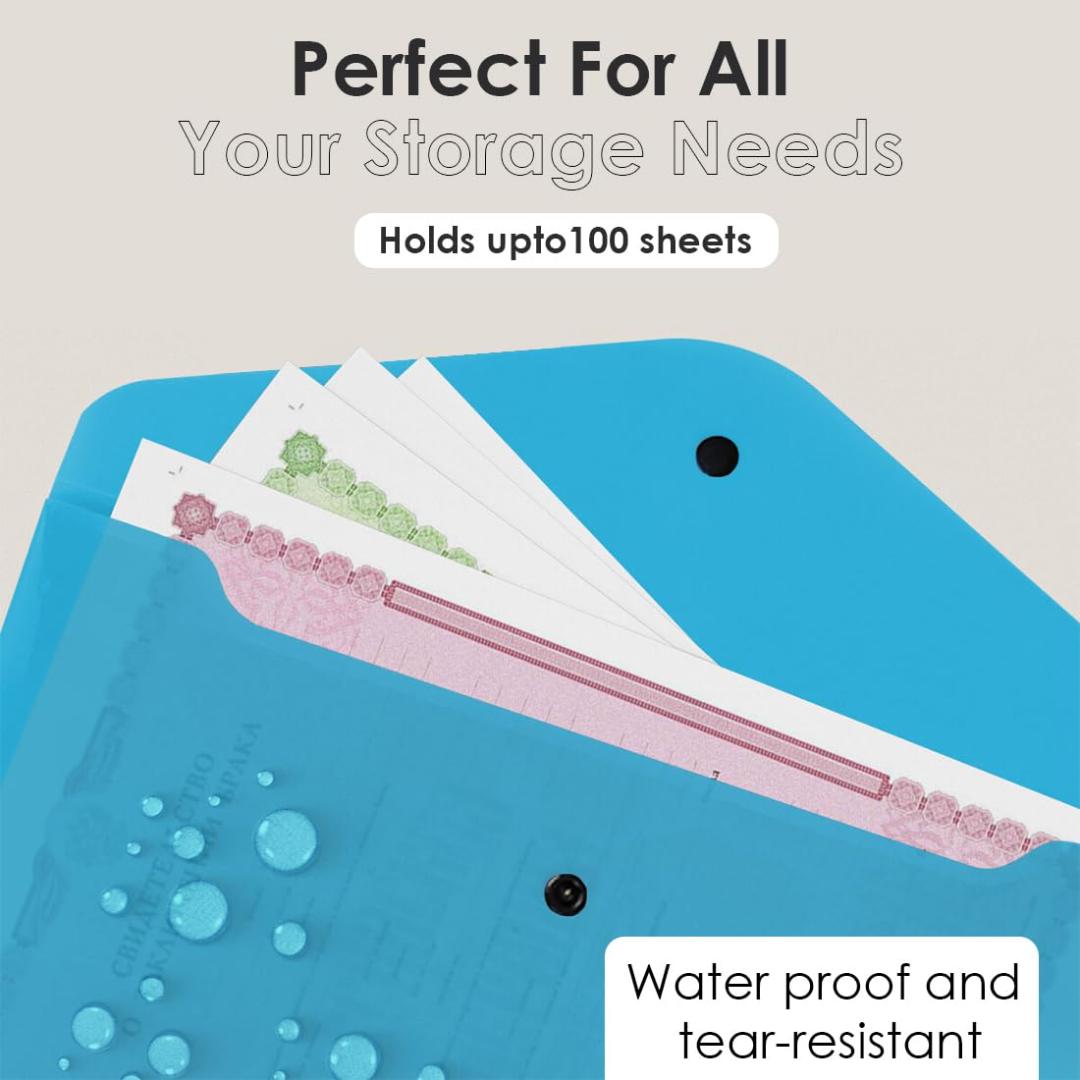 Shuban 10 Pcs Plastic File Folders Set - Fs Letter Size, Snap Closure, Waterproof and Organizer Bags for School, College, Hospital, and Office Use(Mix Color), Clear