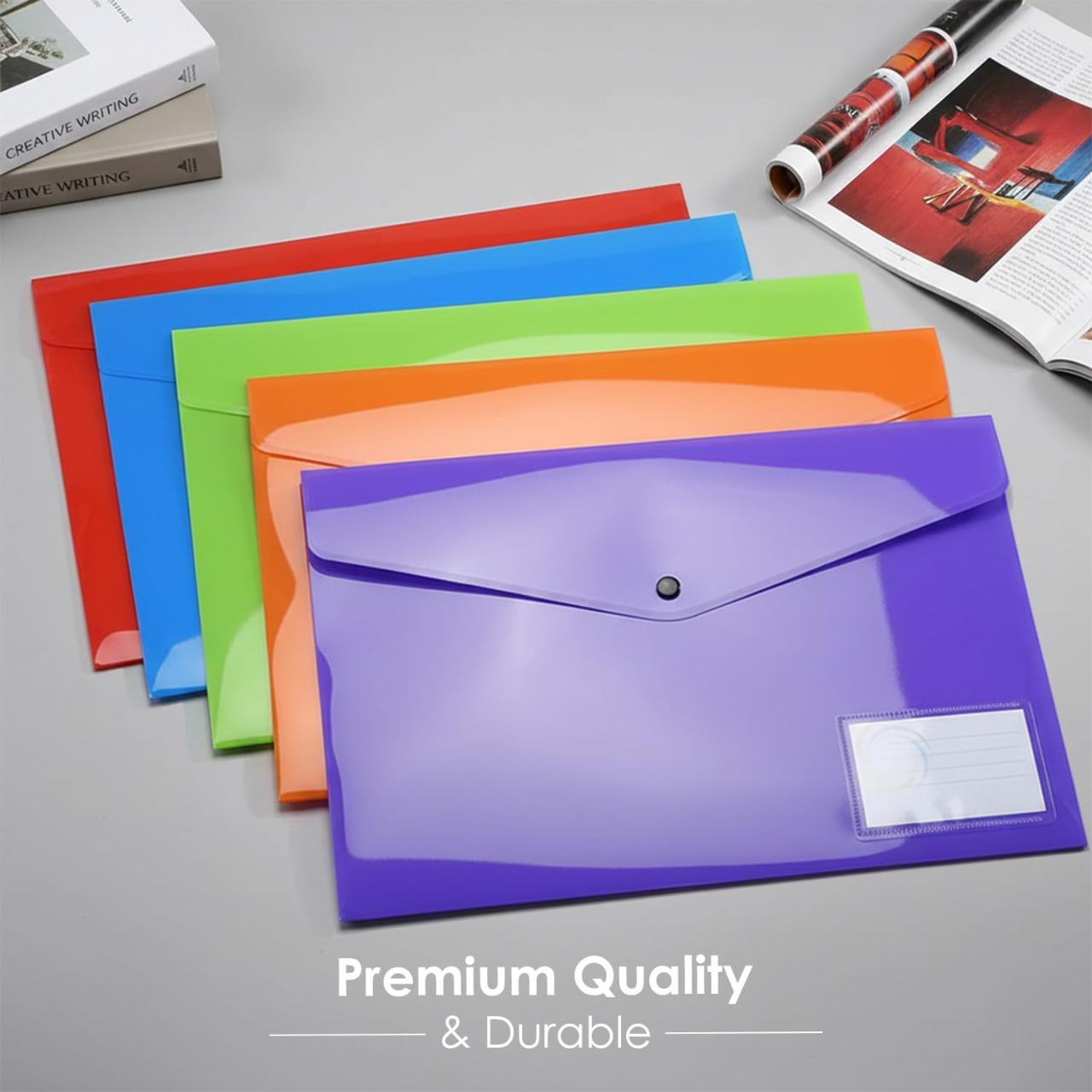 Shuban 10 Pcs Plastic File Folders Set - Fs Letter Size, Snap Closure, Waterproof and Organizer Bags for School, College, Hospital, and Office Use(Mix Color), Clear