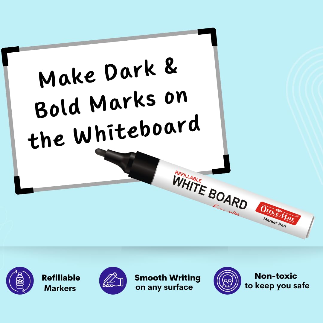 Soni Officemate Whiteboard Markers | Pack of 10 (Mix)| Black, Blue, Red & Green | 4.43 mm Bullet Tip | Non-Toxic | Smooth Writing | Easy Wipe
