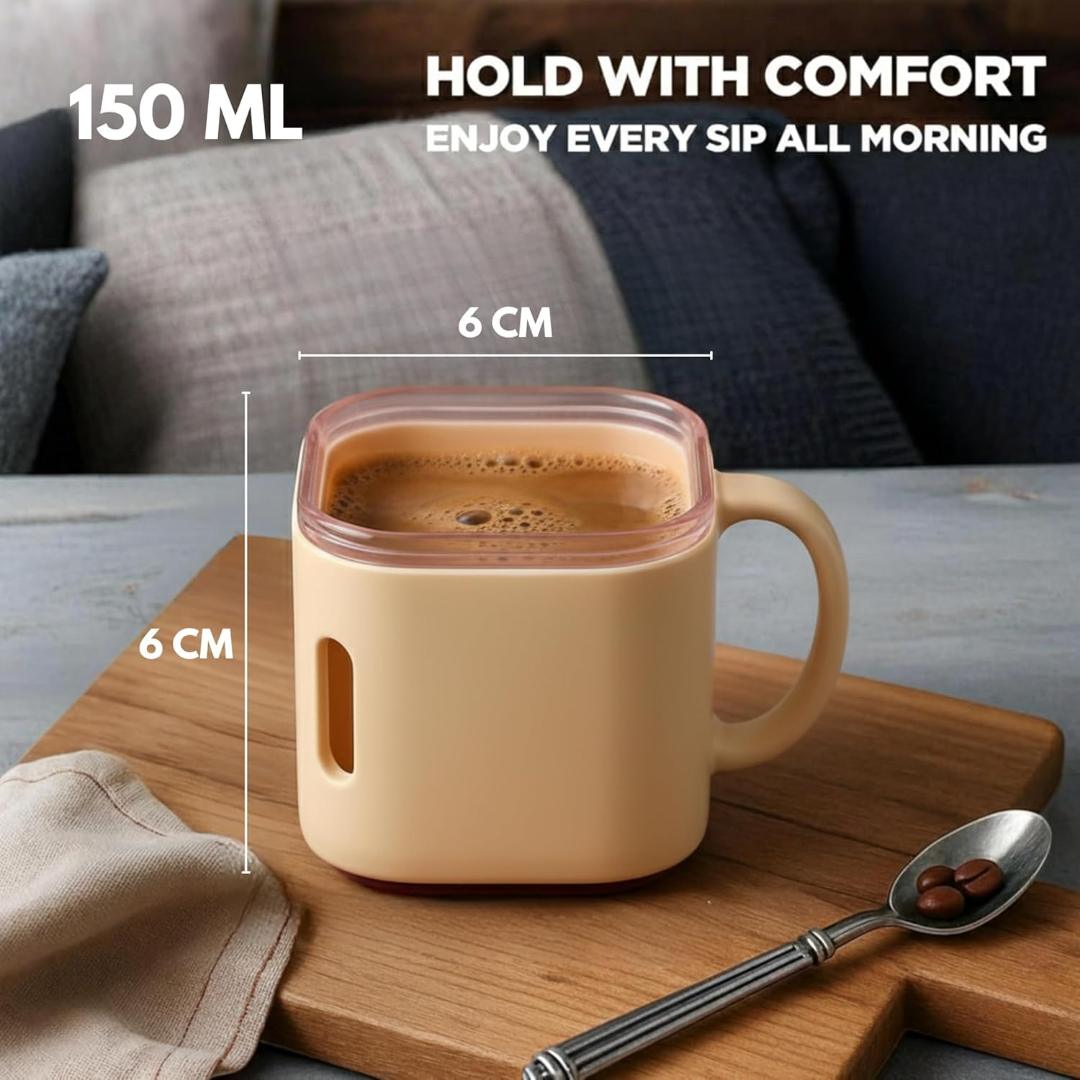 Square Ceramic Coffee Mug Set with Transparent Lid - Set of 6 (Cream & Brown)