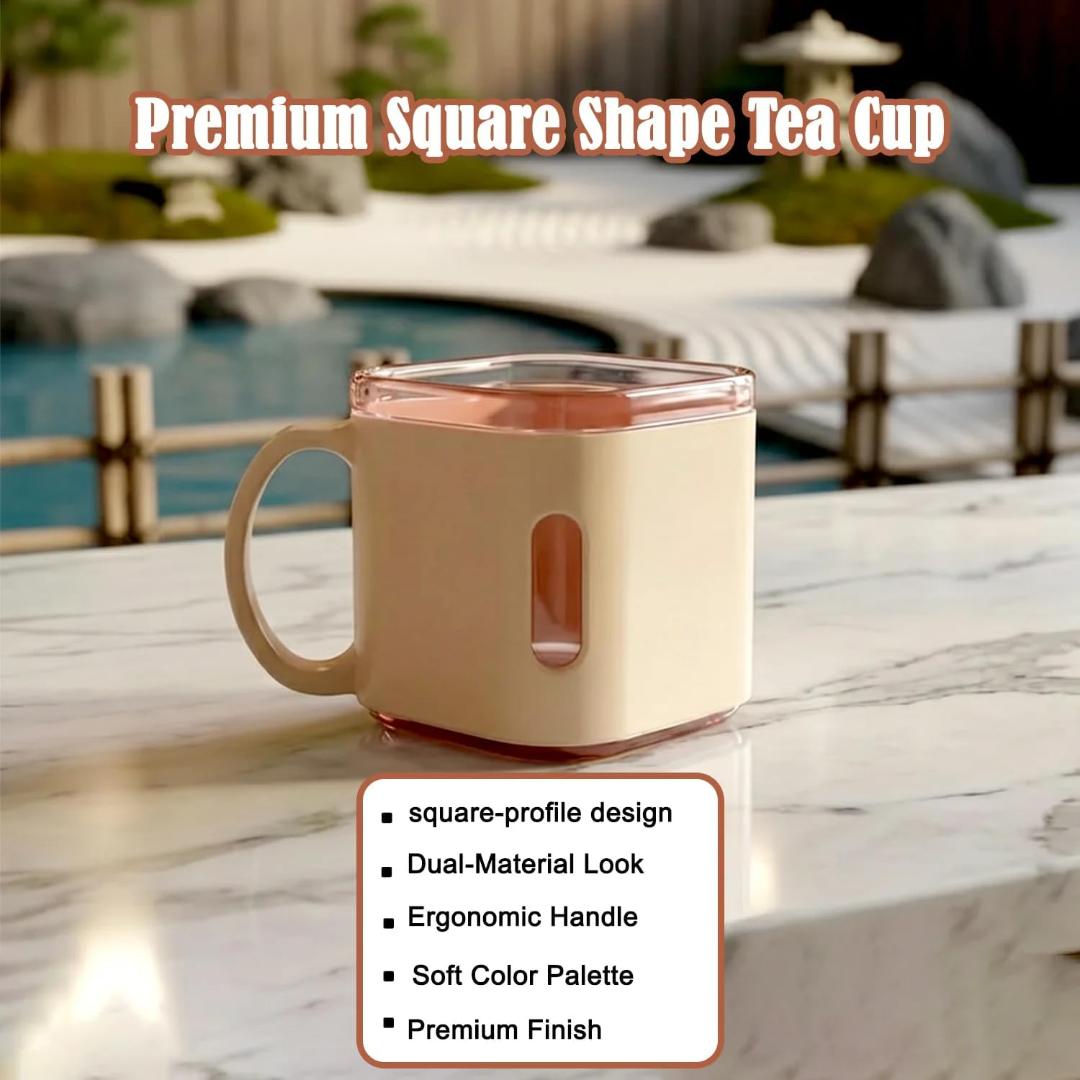 Square Ceramic Coffee Mug Set with Transparent Lid - Set of 6 (Cream & Brown)