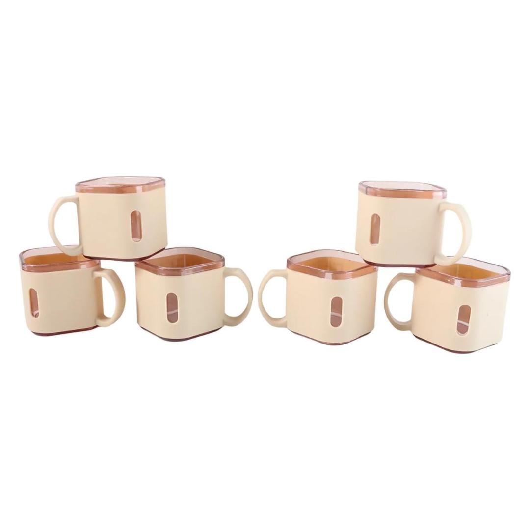 Square Ceramic Coffee Mug Set with Transparent Lid - Set of 6 (Cream & Brown)