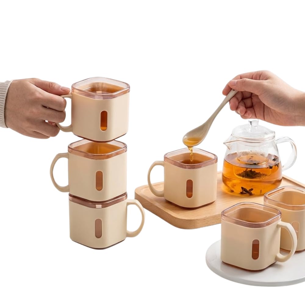 Square Ceramic Coffee Mug Set with Transparent Lid - Set of 6 (Cream & Brown)