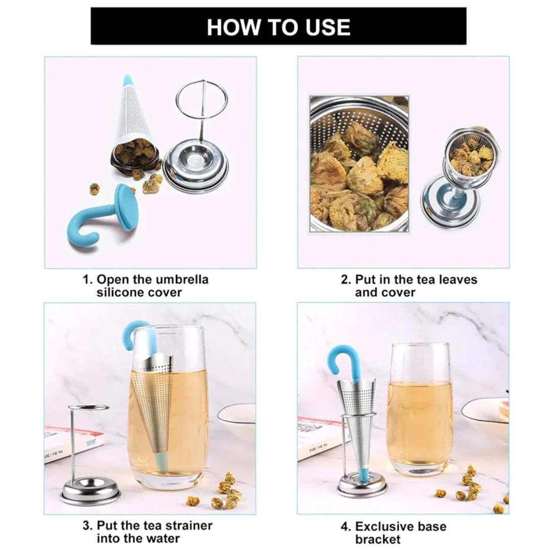 Stainless Steel Umbrella Tea Strainer with Stand Drip Tray