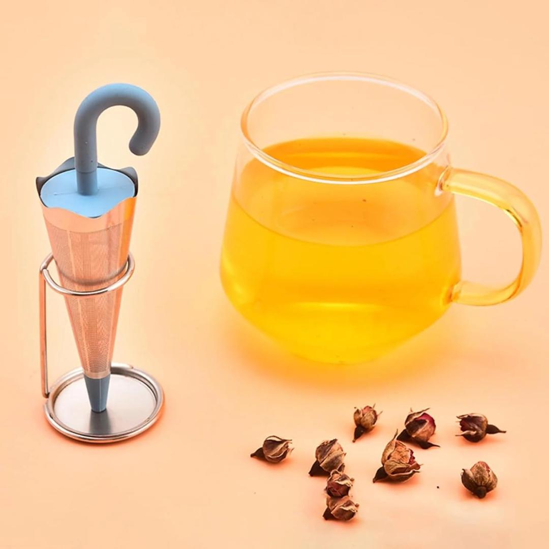 Stainless Steel Umbrella Tea Strainer with Stand Drip Tray