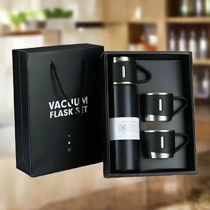 Stainless Steel Vacuum Flask Set with 3 Cups - 500ml