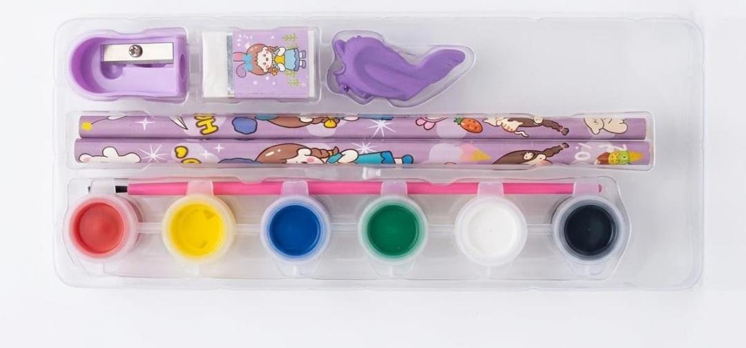 Stationery Kit for Kids - Metal Pencil Box, Sharpener, Pencil & Eraser (12 Pc Set)