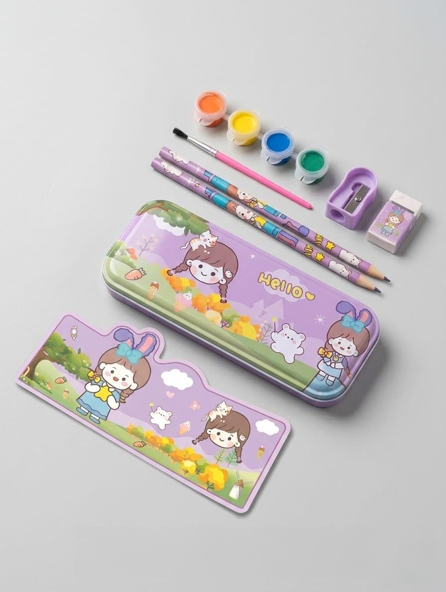 Stationery Kit for Kids - Metal Pencil Box, Sharpener, Pencil & Eraser (12 Pc Set)