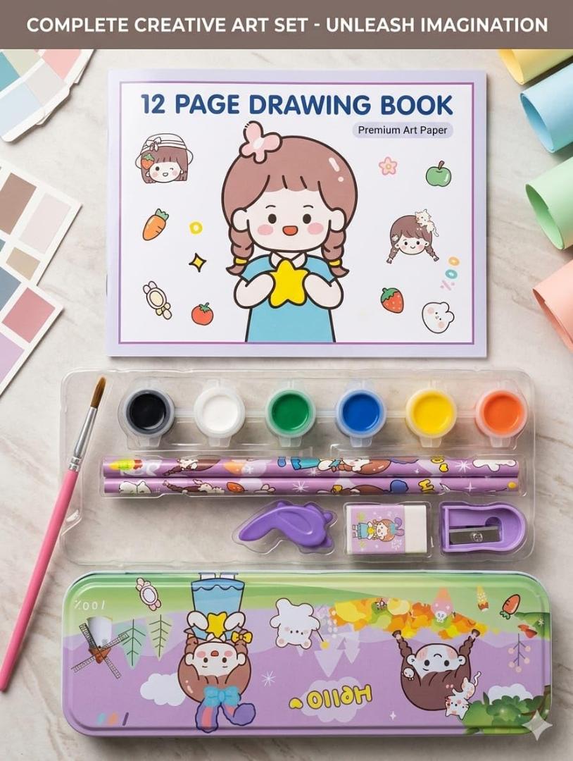 Stationery Kit for Kids - Metal Pencil Box, Sharpener, Pencil & Eraser (12 Pc Set)