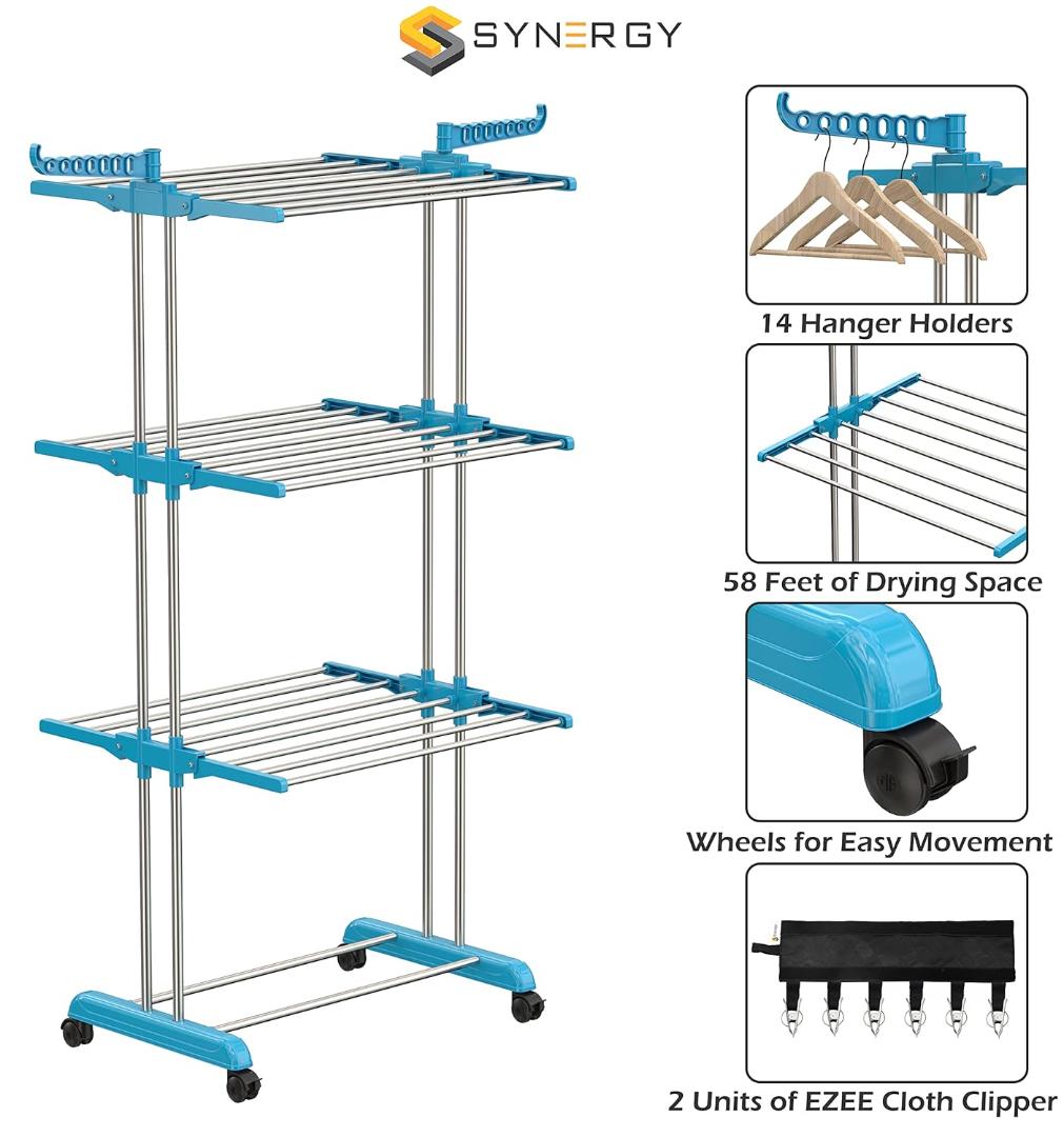 Synergy 3-Tier Foldable Clothes Drying Rack Stand with Wheels - Blue & Steel