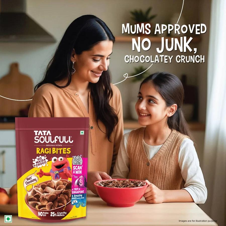 Tata Soulfull Ragi Bites No Maida Choco, Yummy Chocolatey, 22g, Delicious Millets, 7 Grains, High in Protein, Rich in Calcium, Breakfast Cereals