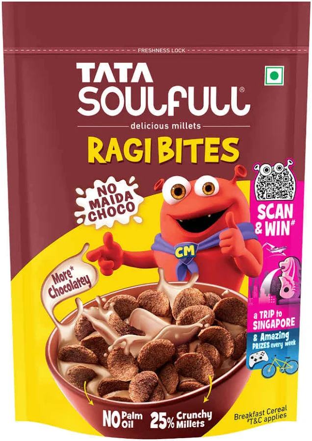 Tata Soulfull Ragi Bites No Maida Choco, Yummy Chocolatey, 22g, Delicious Millets, 7 Grains, High in Protein, Rich in Calcium, Breakfast Cereals