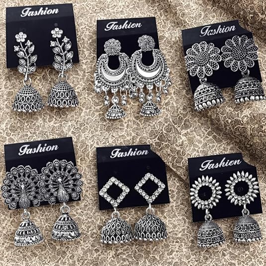 Traditional Oxidised Silver Jhumka Earrings Set Stylish Big Jhumki (6Pair Combo)