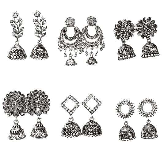 Traditional Oxidised Silver Jhumka Earrings Set Stylish Big Jhumki (6Pair Combo)
