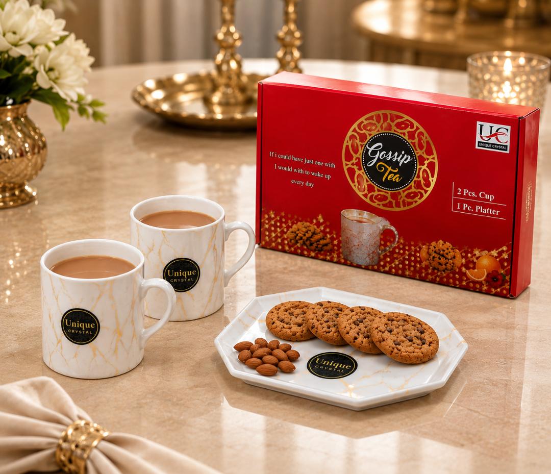Unique Crystal Gossip Tea Cup & Snack Platter Set (3 Pcs)